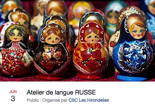 Bannière Facebook. Nivelles. Atelier de langue russe. Organisé par CSC Les Hirondelles. 2018-06-03